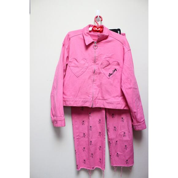 Lazy Oaf Kita Pink Heart Pinup Girl 2 PC Jacket Denim Jean Pants Set Small/24 - Picture 2 of 13
